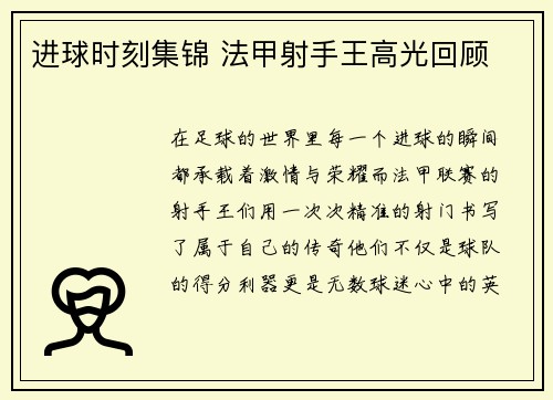 进球时刻集锦 法甲射手王高光回顾